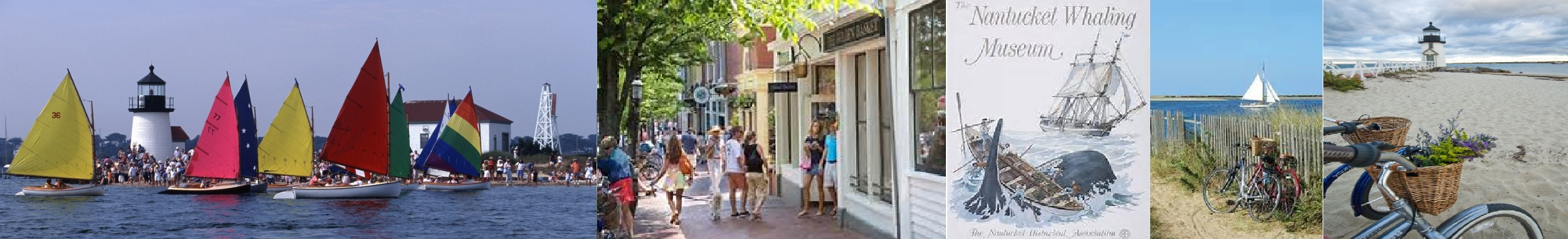 Nantucket scenes - lighthouse and colorful sailboats, Main Street shops, Nantucket Whaling Museum, beach with snowfence, bike on beach with lighthouse in background